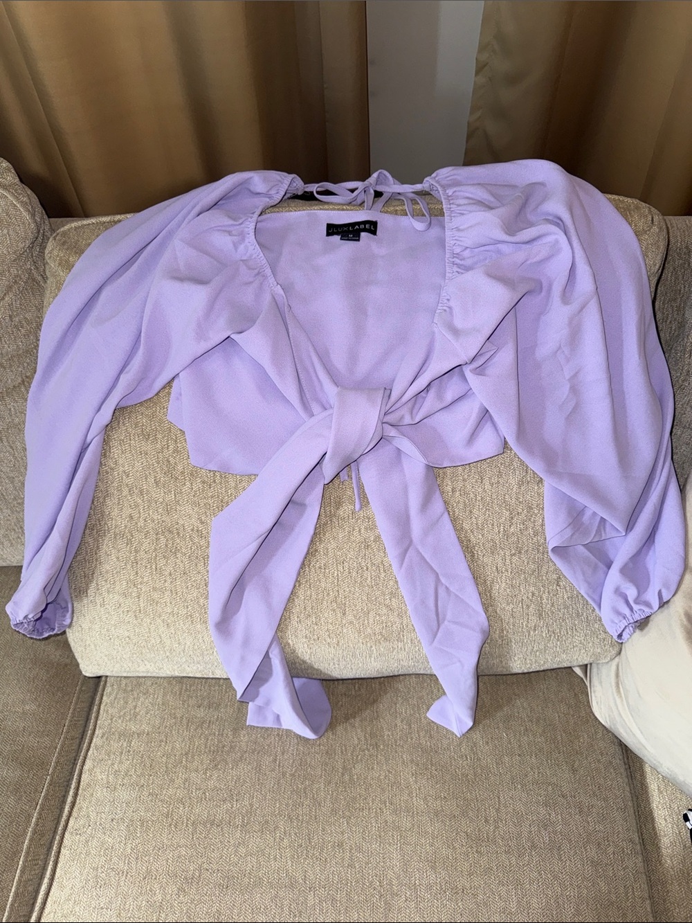 JLUXLABEL Lavender Tie-Front Puff Sleeve Crop Top